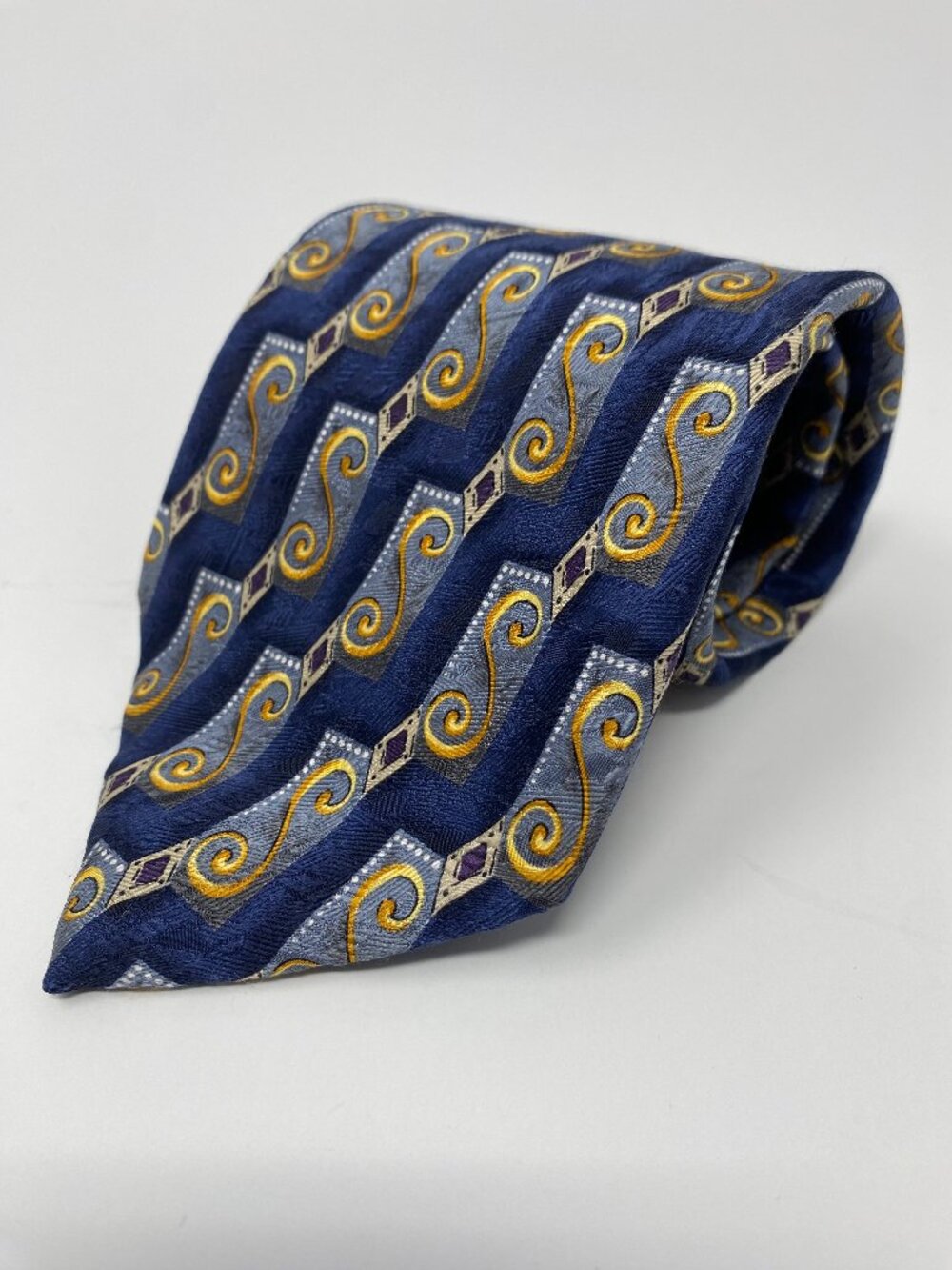 Villa Bolgheri Tie Silk Jacquard Geometric Blue Gold Scrolls Italy Neck Tie